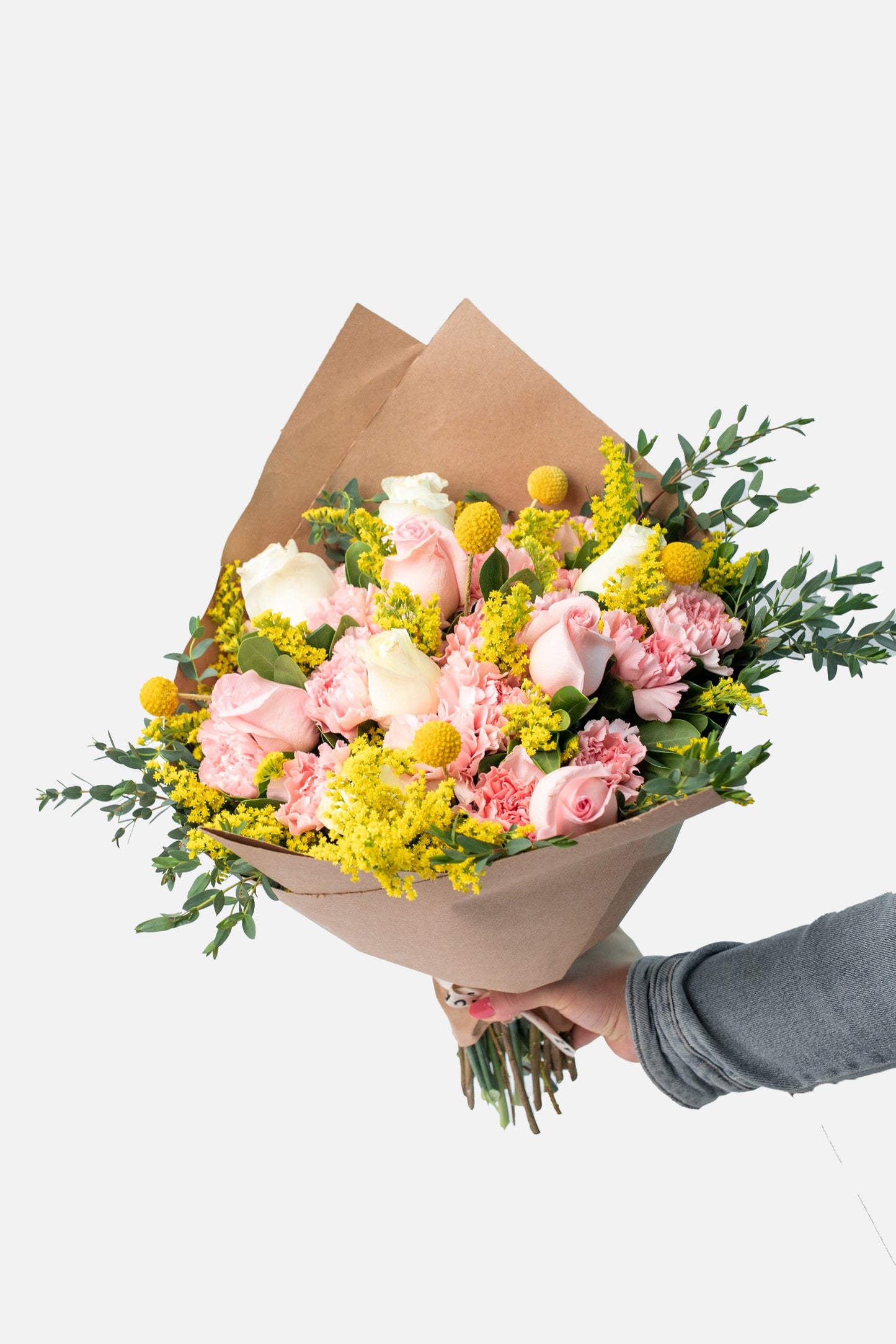 Ramo Creativo - Clavel Rosa y Rosa Blanca, Clarita y Craspedia