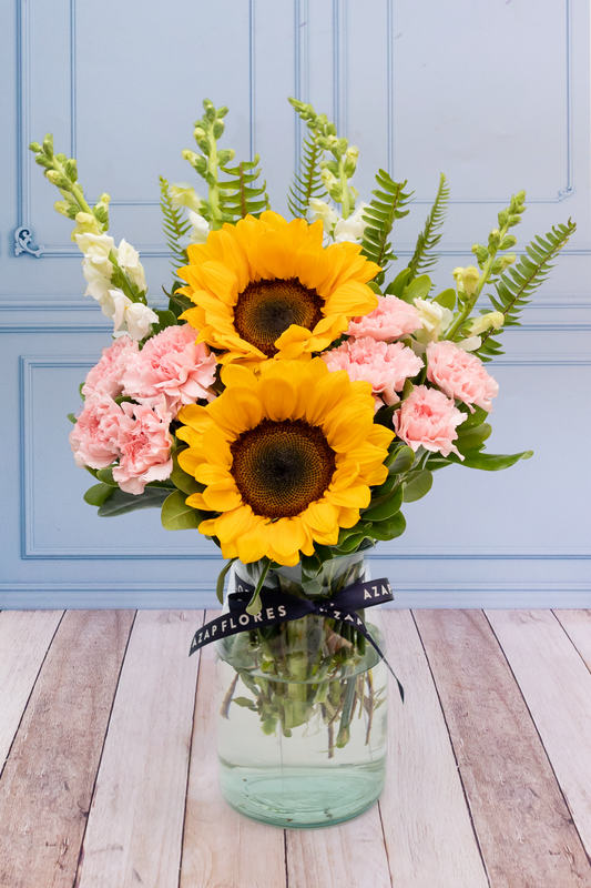 Feliz Día - Girasoles, Claveles Rosas y Perrito Blanco